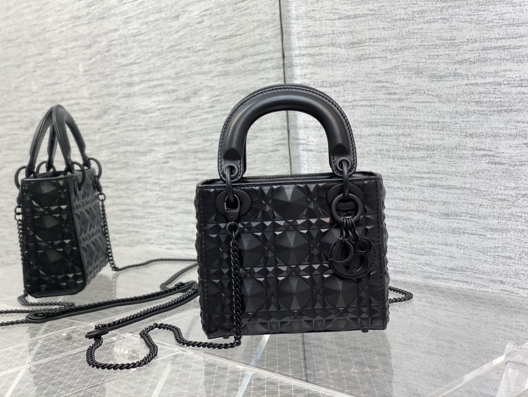 Mini Lady Dior Bag Black Cannage Calfskin with Diamond Motif